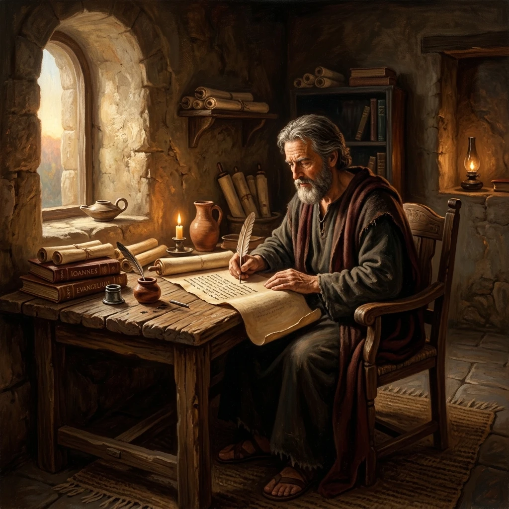 The Apostle John sitting at a wooden desk writing scriptures on a parchment scroll with a feather quill